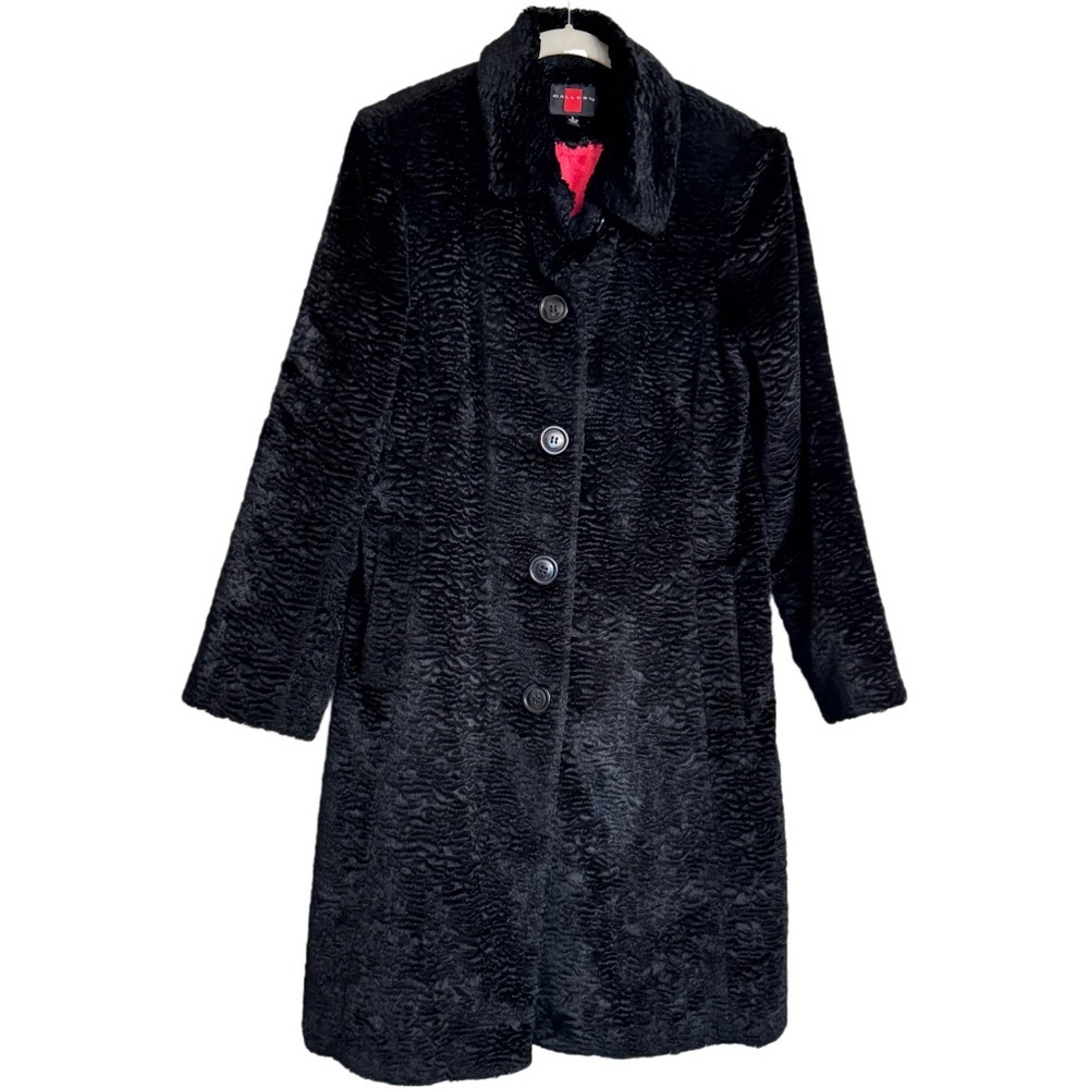 Vintage Black Textured Black Faux Fur Winter Coat By Gallery Woman Size S Trendy